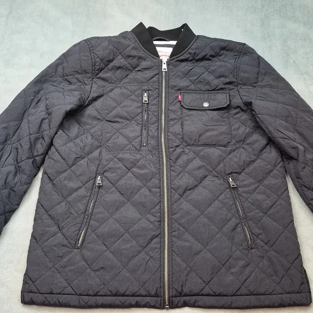 Levis Mens L Black Diamond Quilted Bomber Jacket Full Zip Lightweight Puffer